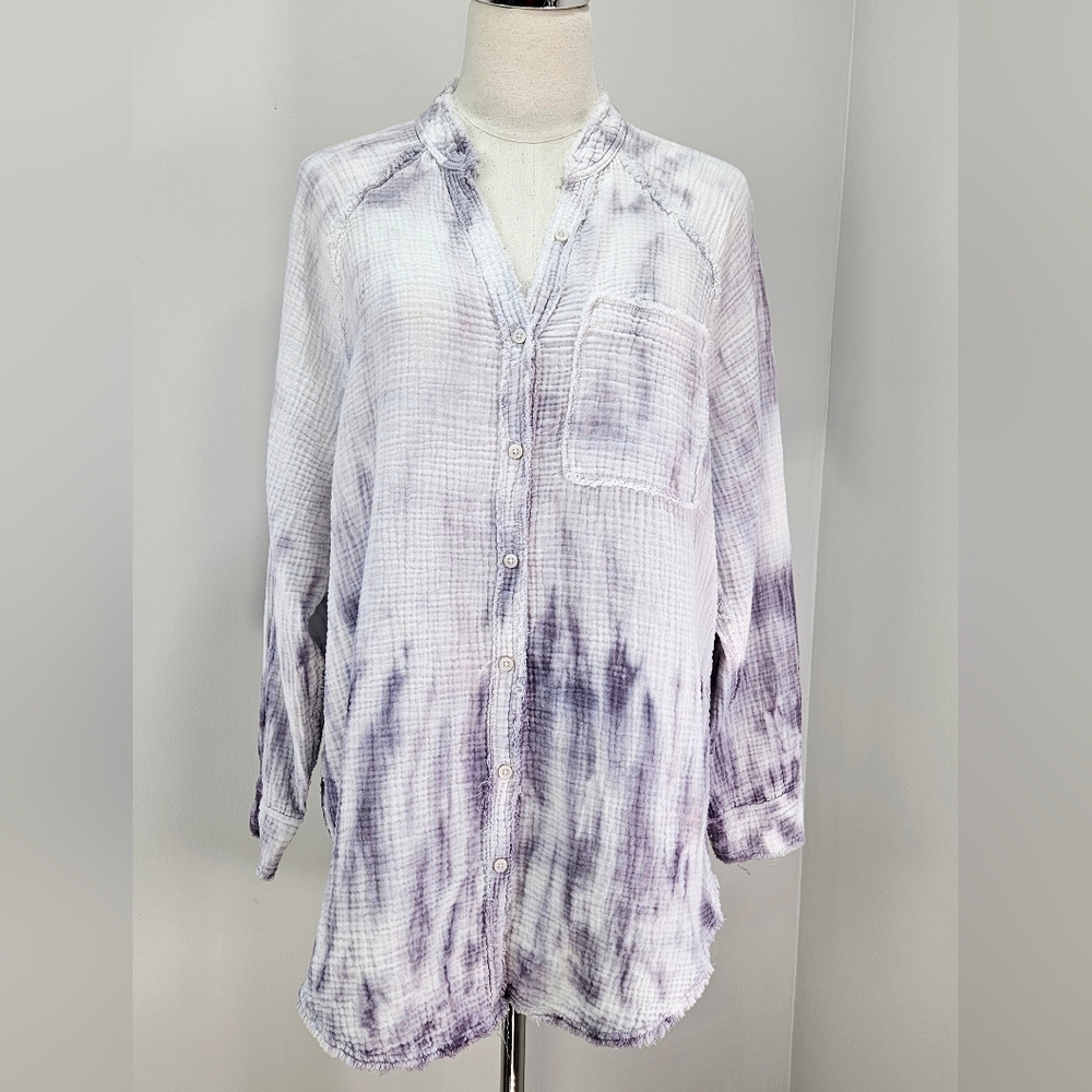 Aerie Tie Dyed Gauzy Shirt XSmall Oversize Purple Pockets Lightweight